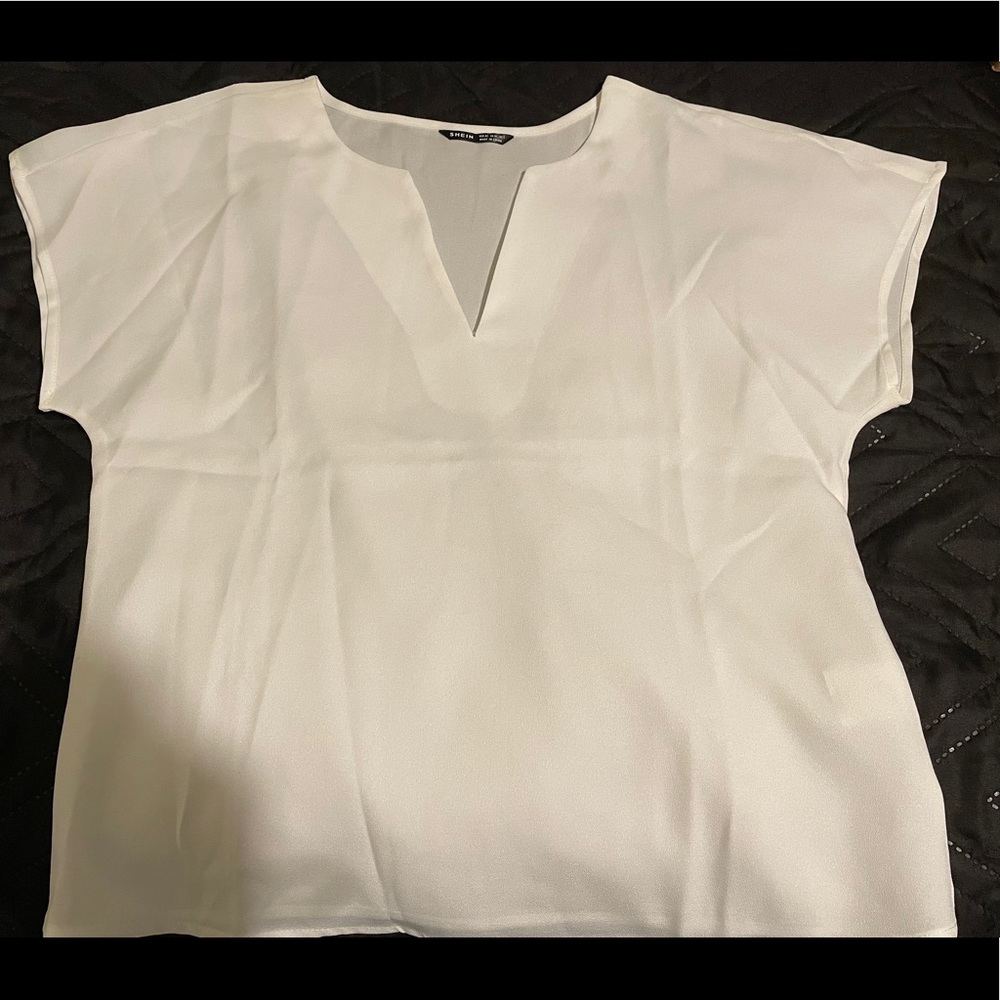 SHEIN Notched Neck Batwing Sleeve Top, White